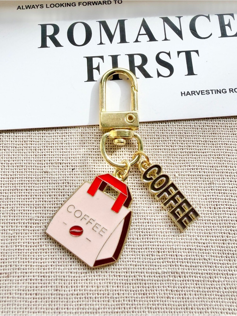 Gold-Plated Coffee Bag Keychain Charm - Pink & Red